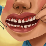 Illustration of a patient with bleeding gums with a sad-looking toothbrush reaching out to help