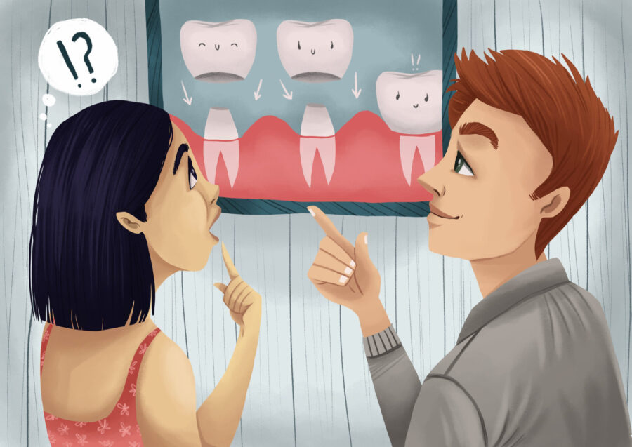 woman considering a dental crown at the dentist