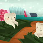 teeth sitting on money with toothbrush for affordable dental options conversation